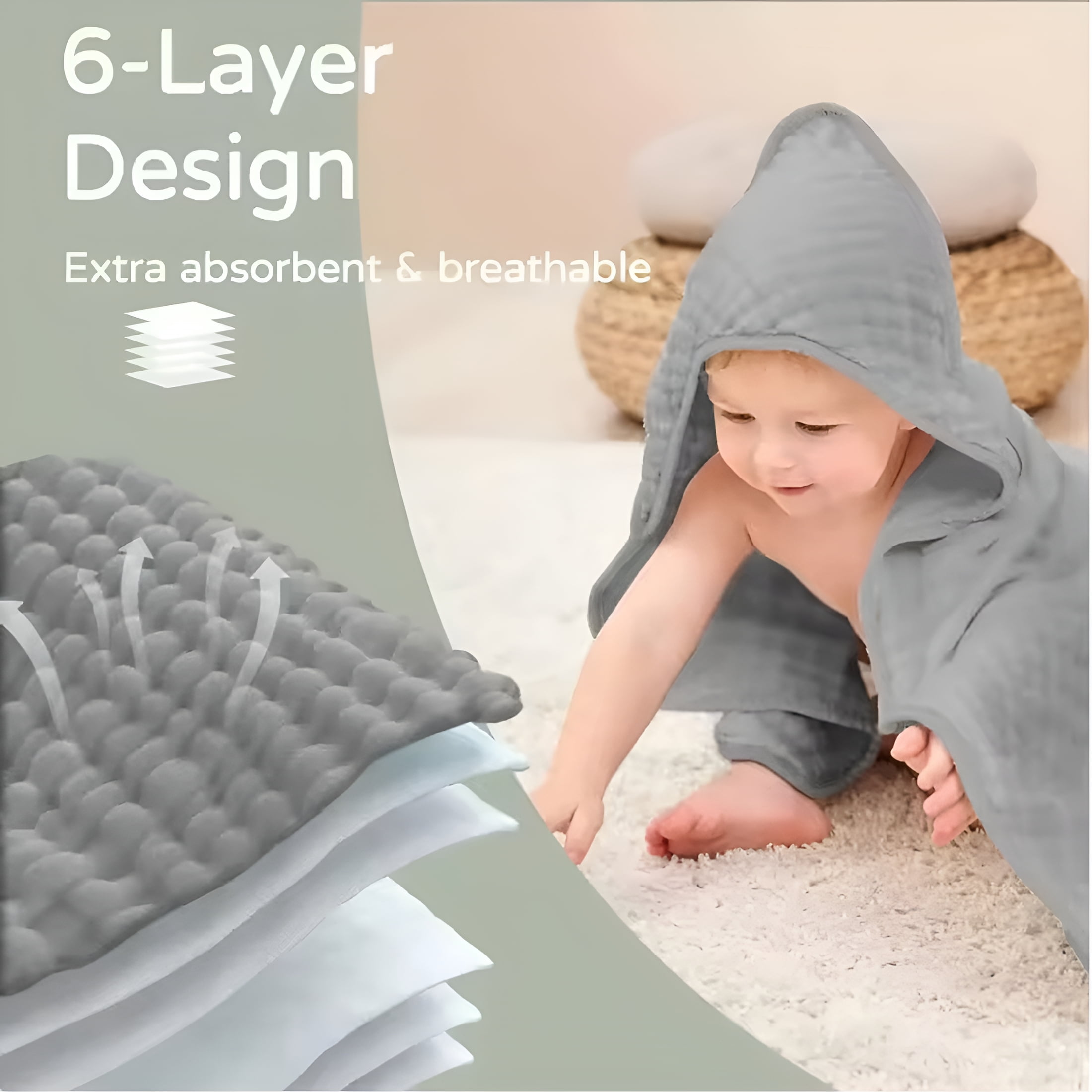 AUQ 2026 New 2 Packs Hooded Baby Bath Towel,Soft&Absorbent Muslin Cotton Baby Towels with Hood for Babies,Toddler&Kids,Green+Grey,31 X 31" for Baby,Bath,Toddler,Kids,Swimming