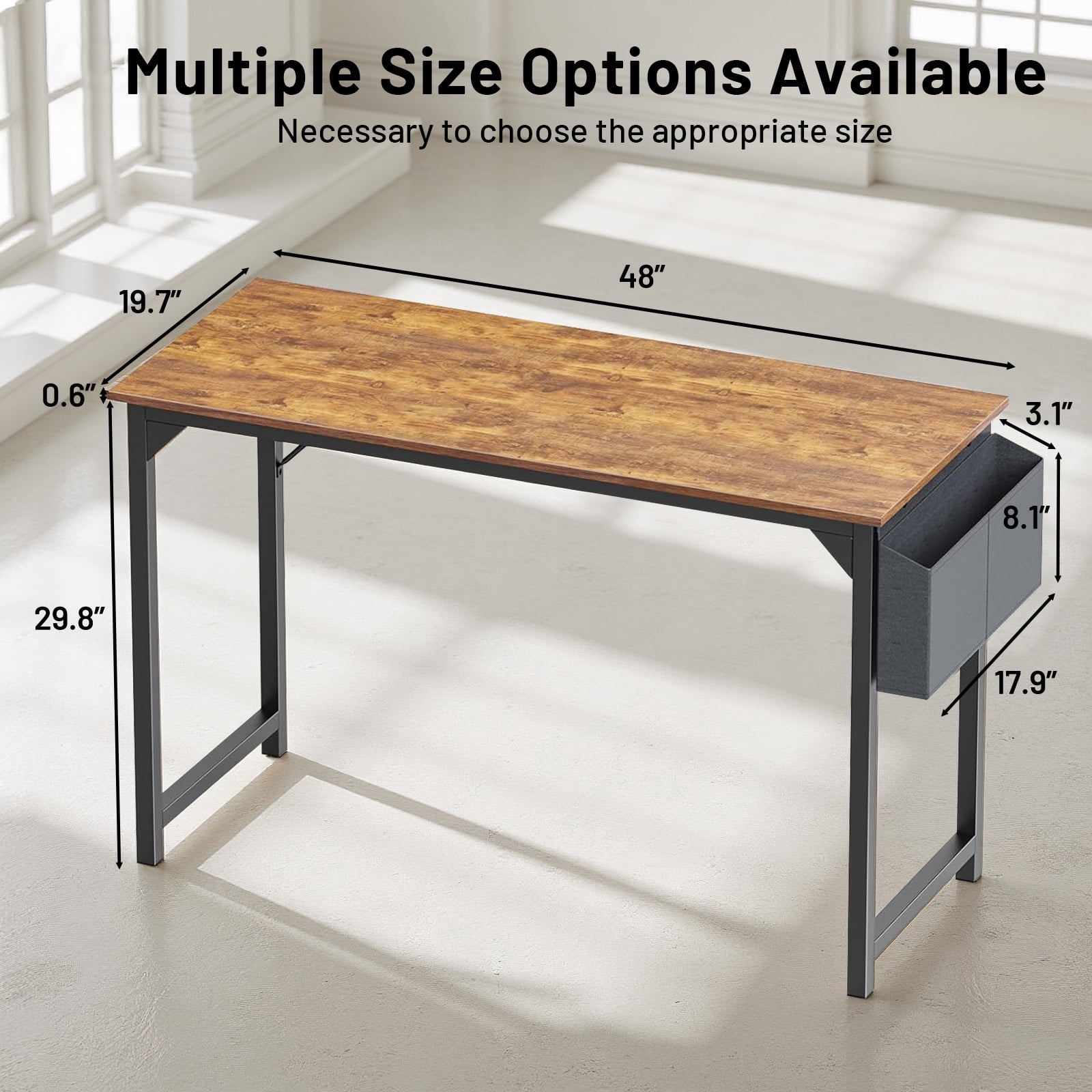 Atilioo 47" Sturdy Computer Desk, Ergonomic Work Study Writing Table with Storage Bag & Iron Hook, Rustic Brown