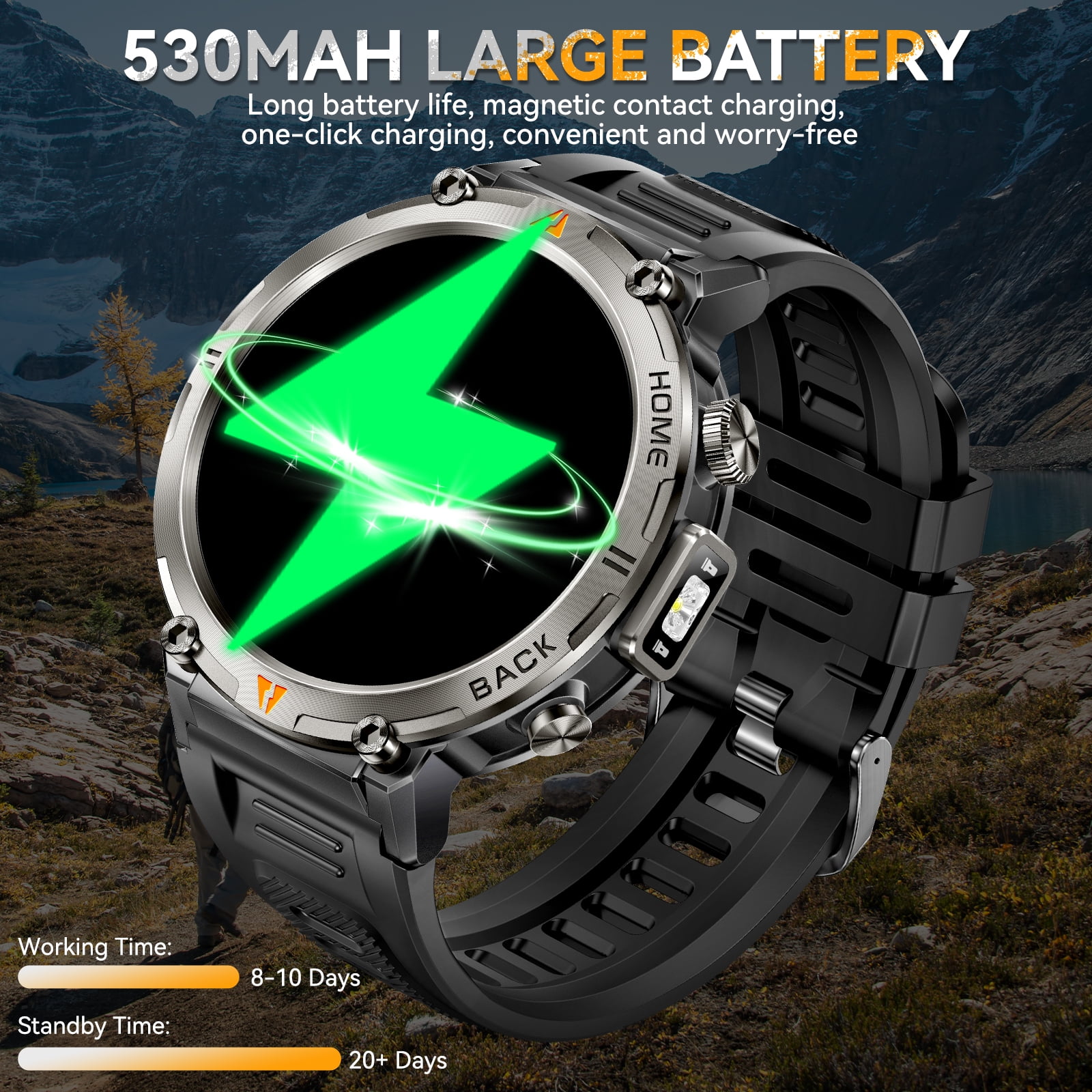 EIGIIS KE3Pro Smart Watch with Flashlight for Men, 3ATM Waterproof Watch with GPS, 530mAh Outdoor Sports Watch Compatible with Android iOS, 1pc