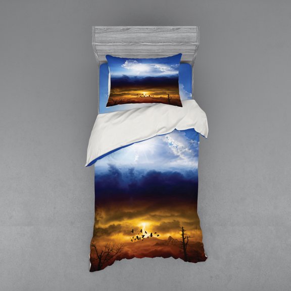 Ambesonne Nature Bedding Set 3 Pcs, Sun Stormy Sky Heaven, Twin XL, Blue Orange Black