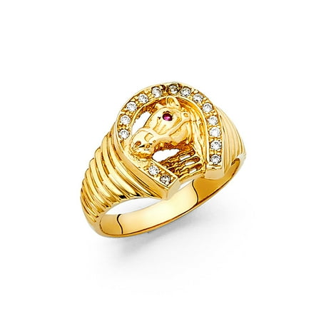 - 14K Yellow Solid Gold 15MM Cubic Zirconia CZ Lucky Horseshoe Men's Ring - 6.5