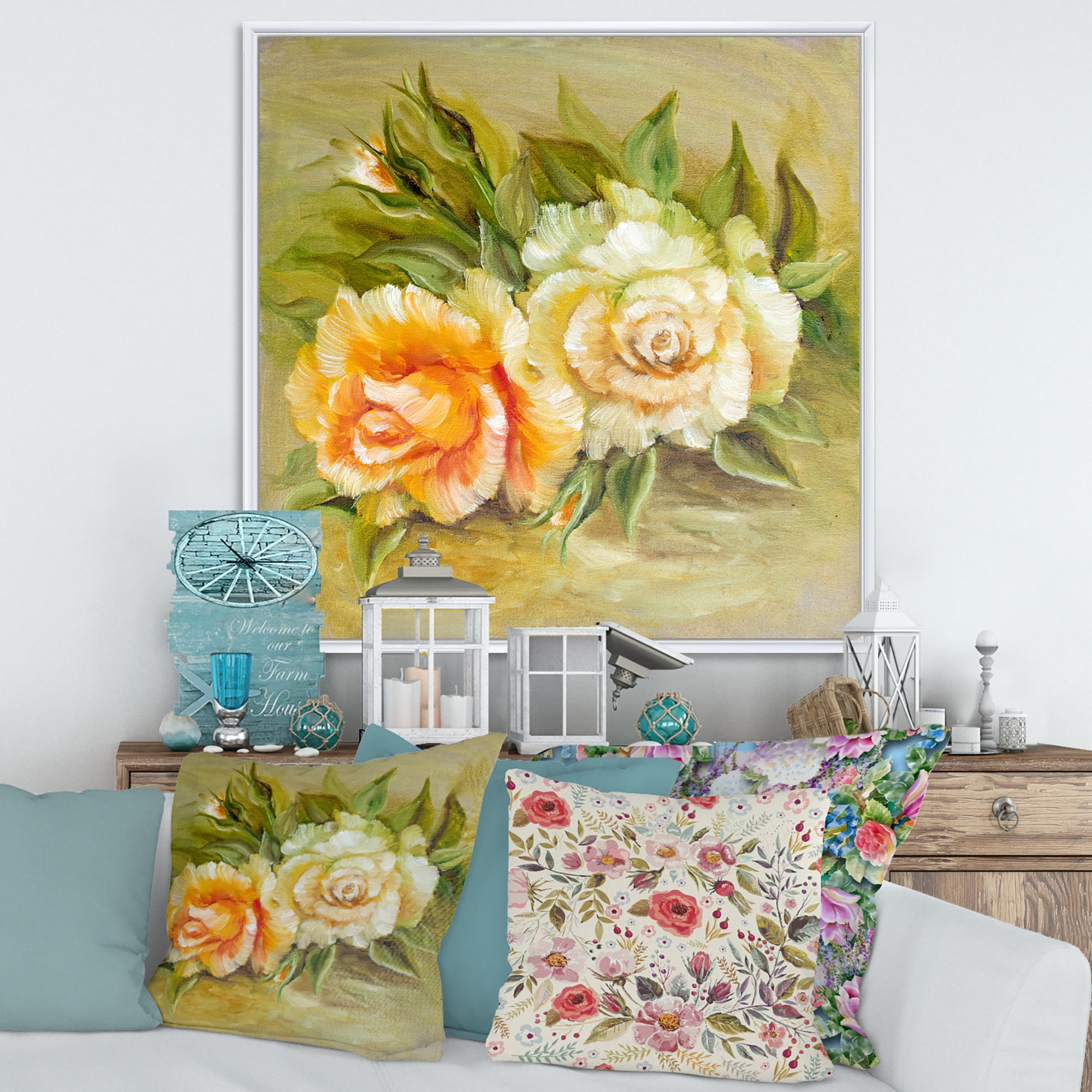 Vintage Yellow and White Roses 16 in x 16 in Framed Painting Canvas Art Print, by Designart