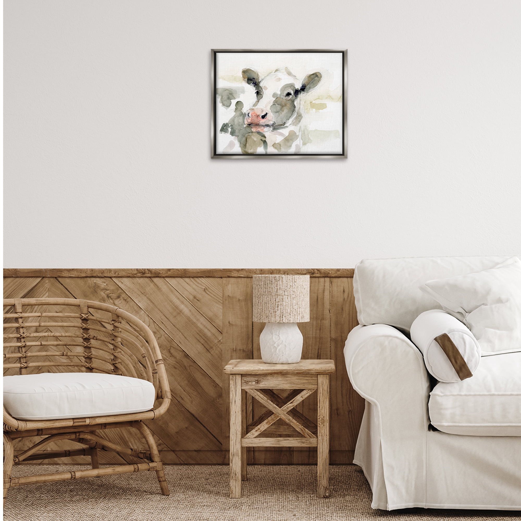 Stupell Industries Soft Painterly Cow Animals & Insects Painting Gray Floater Framed Canvas Art Print Wall Art, 21 x 17