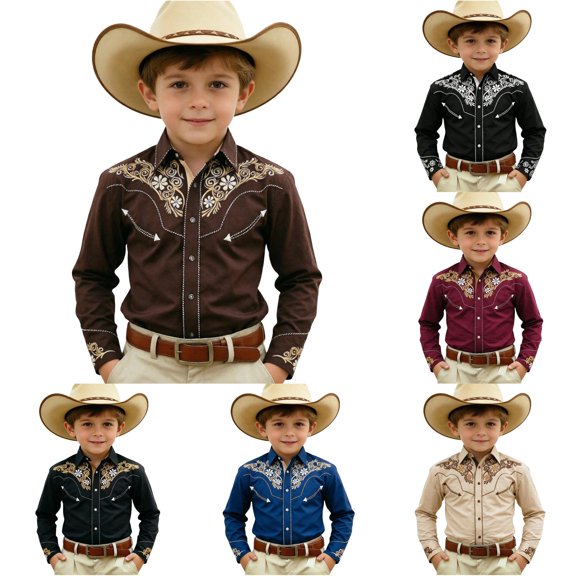 RMGVDSD Boys Western Cowboy Shirt With Print Long Sleeve Button Down Shirts For Kids Retro Casual Regular Fit Shirts Tops 6-7 Years