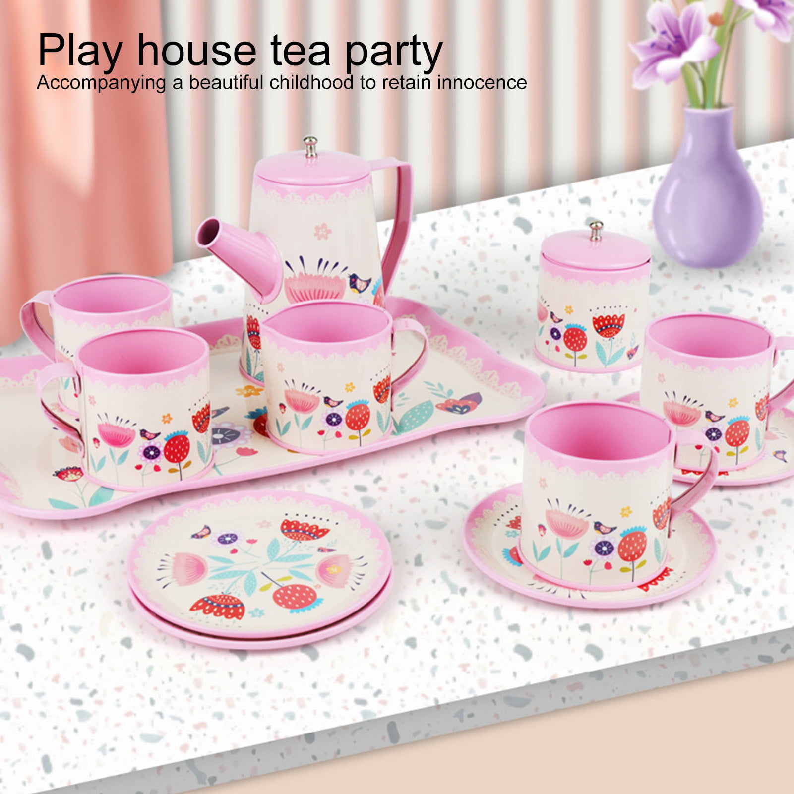 Tea Tray-Green Flower Children's Pretend Toy Deluxe Afternoon Tinplate Tea Set 