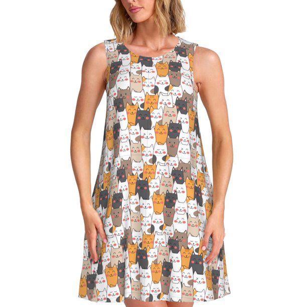 Disketp Cute Cats para Vestido sin Mangas para Mujeres, Vestidos de Verano para Mujeres, Casual y Holgado para la Playa