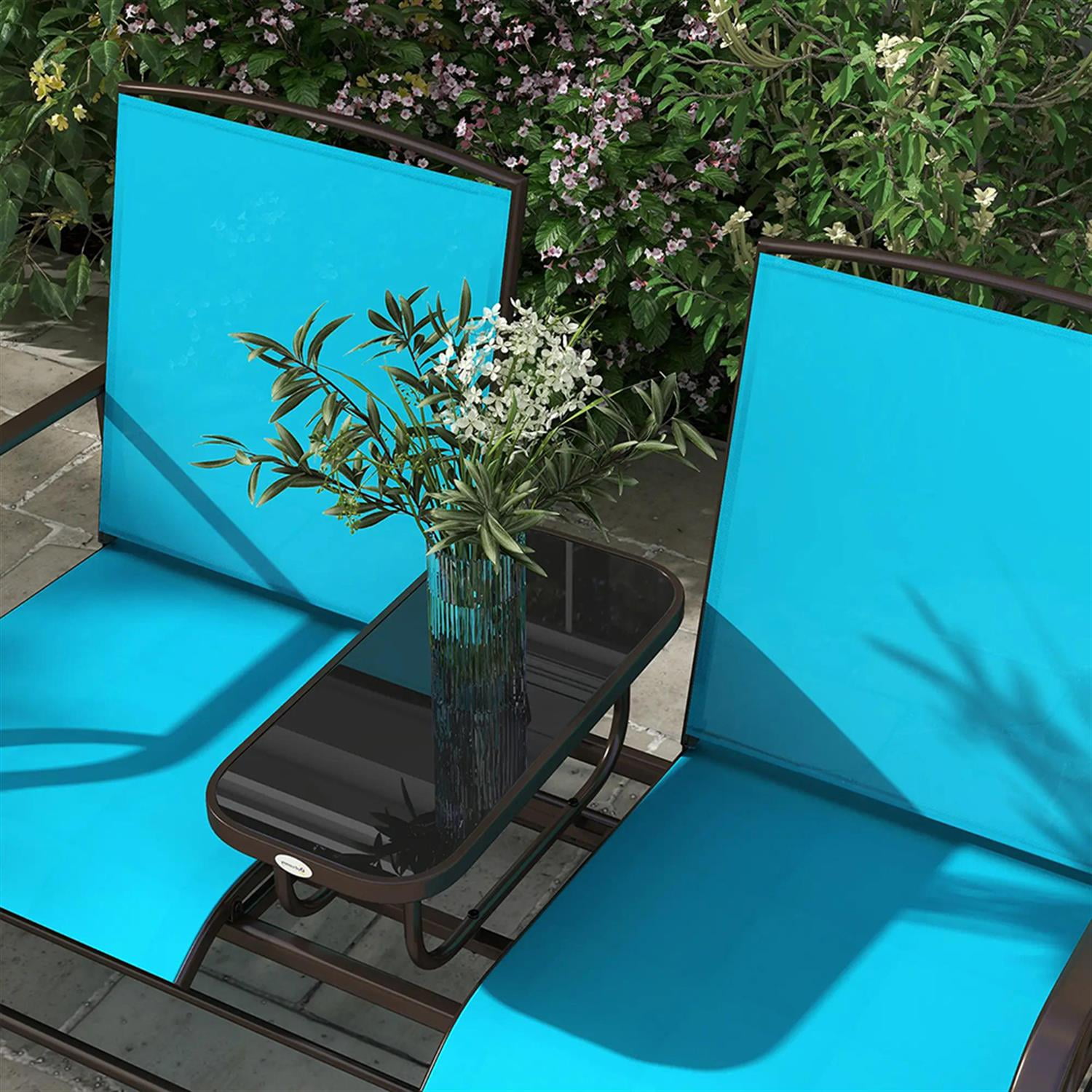 Demi Bonn Outdoor Glider Chairs with Center Table, Metal Frame Patio Loveseat Bench with Breathable Mesh Fabric and Armrests for Backyard Garden Porch, Blue