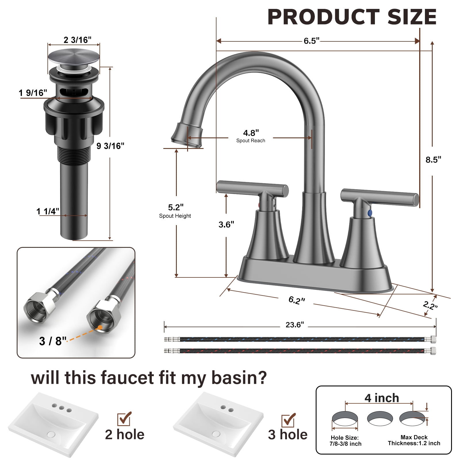 KINGTACK Bathroom Faucets, 4 inch Brushed Grey Bathroom Sink Faucet, Stainless Steel Lead-Free 2-Handle Centerset Faucet with Pop-up Drain and 2 Supply Hoses, Fits 2 or 3-hole Sink