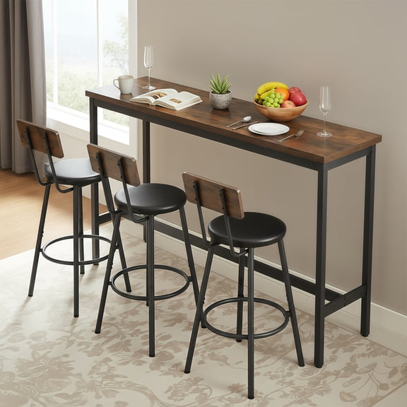 Noble House 4-Piece Industrial Bar Table and Chairs Set, Kitchen Dining Table with 3 Faux Leather Stools, Rustic Brown