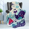 thumbnail image 4 of Purple Soft Flannel Fleece Throw Blanket, Marine Traffic with Whale Sailboat and Fish with Cloud and Waves Nautical Life Print, Cozy Plush for Indoor and Outdoor Use, 50" x 60", Purple, by Ambesonne, 4 of 5