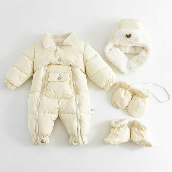Busydd Baby Boy Ski Suit 3-24 Months Winter Warm Fleece Baby Girl Romper Hat Gloves Shoes Set Unisex Toddler Outdoor Sport Ski Outfits Solid Color Long Sleeve Zip Hooded Baby Girl Clothes 3 Months