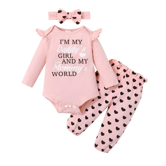 Newborn Baby Girls Clothes 3 Months Girls 3PCS Outfits Set Letter Print Heart Print Newborn Girls Long Sleeve Top Pants Set with Headband Pink