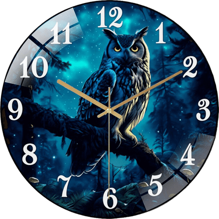 15.75 Inch Mystical Forest Owl Glass Round Silent Hanging Wall Clock, Suitable For Living Room, Office,Study Room,Bedroom, Home Decoration 40cm Style 40x40cm（15.75x15.75cm）