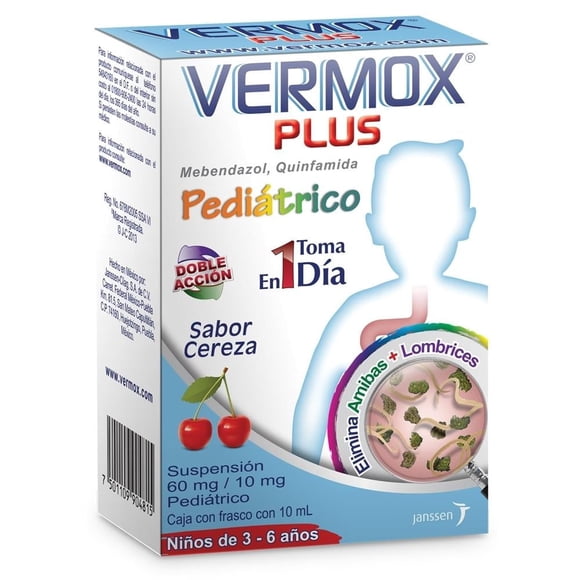 Desparasitante Vermox Plus 60 mg/10 mg suspensión pediátrica sabor cereza 10 ml