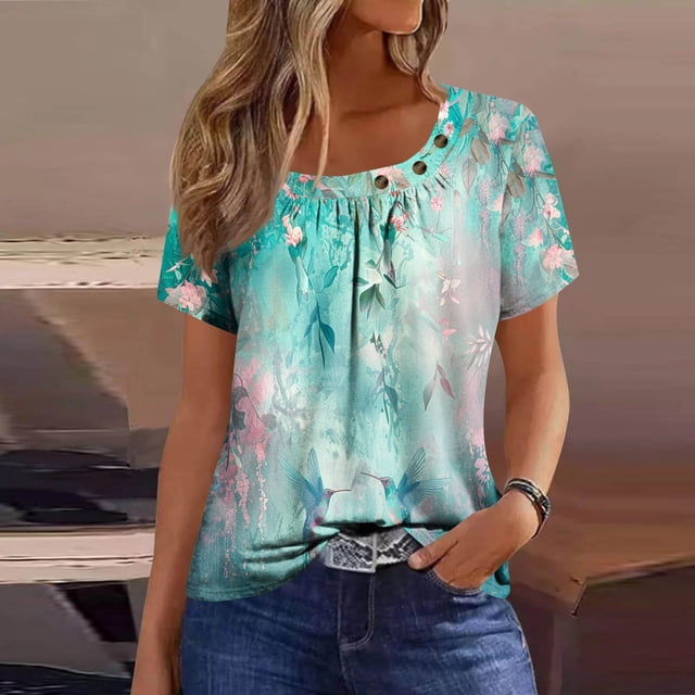 Fiudx Ofertas Flash Artículos En Oferta Camiseta Plisada de Manga Corta con Cuello Estampado para Mujer