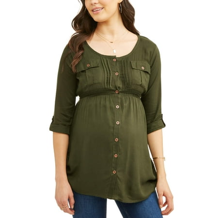 Oh! Mamma Maternity Button Up Shirred Roll Tab Sleeve Tunic - Available in Plus Sizes