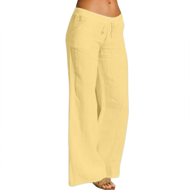 Pantalones palazzo anchos de cintura alta para mujer - Mezcla de lino con elástico fruncido - Pantalones informales para yoga/playa - Talla real