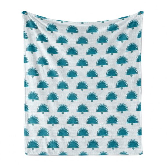 Tropical Soft Flannel Fleece Blanket, Exotic South American Plant Pattern on Geometric Shapes Background, Cozy Plush for Indoor and Outdoor Use, 50" x 60", Baby Blue Teal and White, by Ambesonne