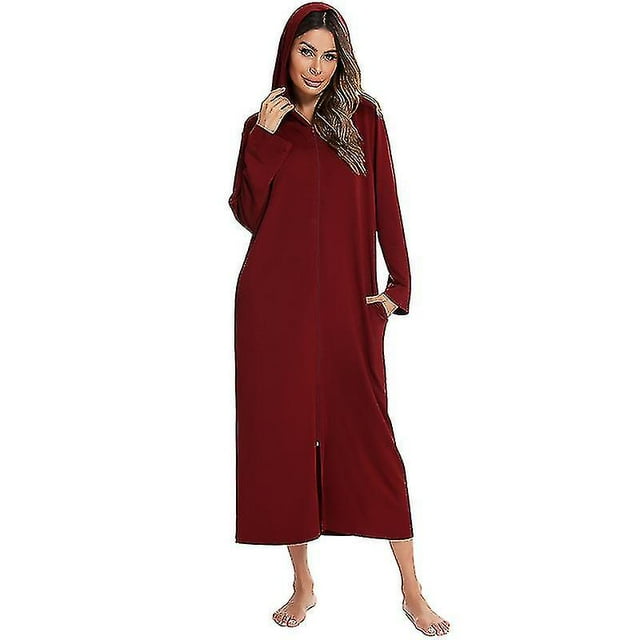 Womens Zip Up Robe Nightgown Long Hooded Sweatshirt Bathrobe Long Sleeve Housecoat Lounger With Pockets