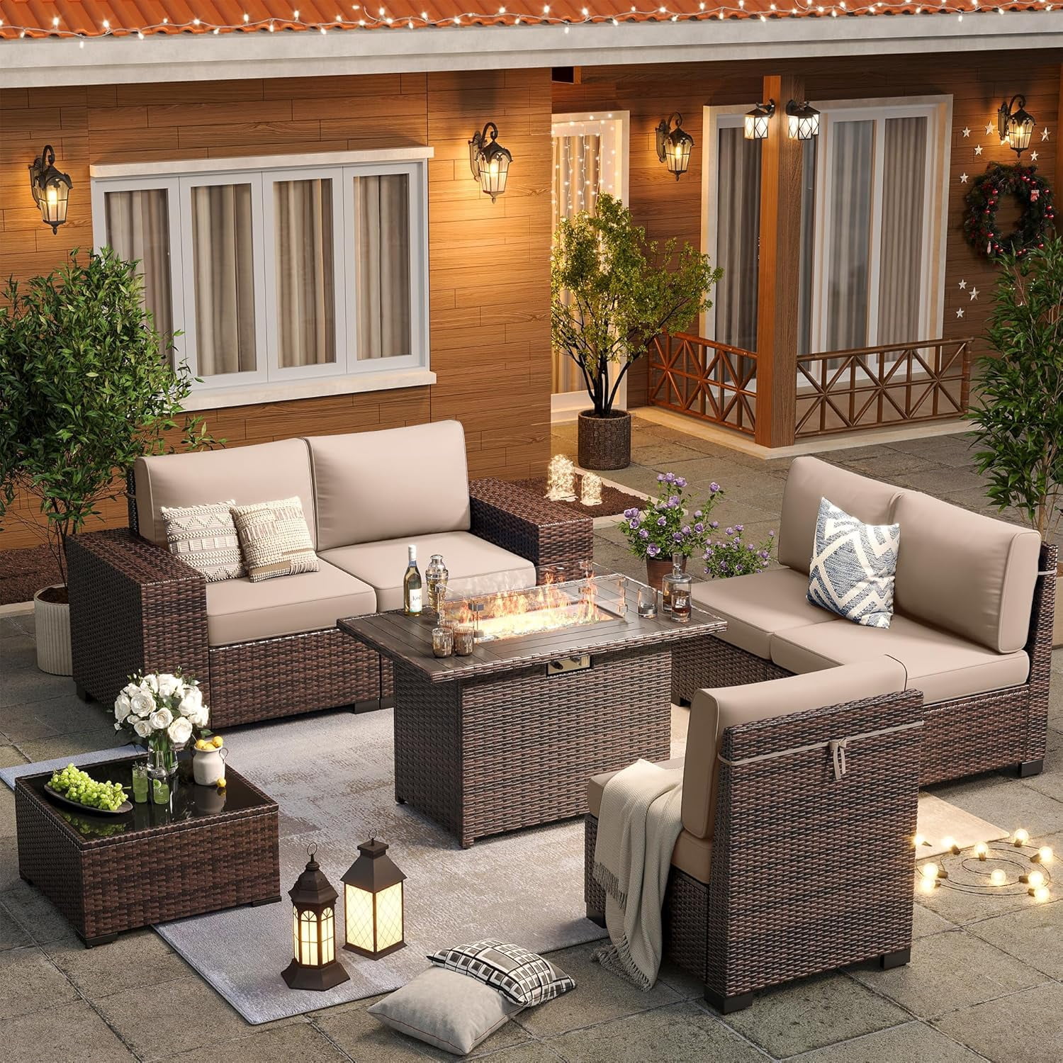 Patio Furniture Set, Ampatio 7-Piece Outdoor Sectional Sofa with Fire Pit Table for Backyard & Porch, Wicker | Metal | Brown
