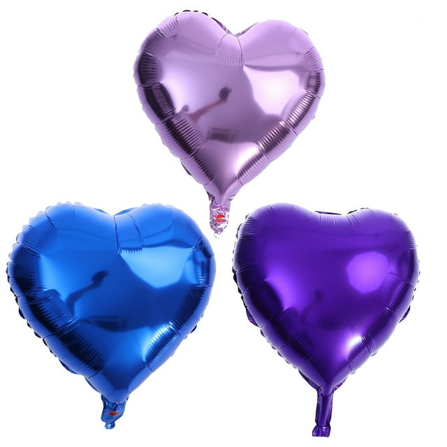 12 globos de aluminio con forma de corazón de 45 cm, grandes y románticos, para decorar bodas, fiestas de cumpleaños y fiestas divertidas (azul, morado claro, morado) Vista frontal con tres globos metálicos en forma de corazón, acabado reflectante y costura sellada visible; set de 12 colores surtidos apropiado para decoración nupcial y celebraciones, y a menudo usado como adorno de centros de mesa en fiestas.