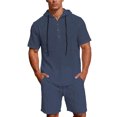thumbnail image 2 of Yaoyar Mens Hooded Linen Outfits 2 Piece Short Sleeve Hoodie Henley Shirt And Beach Shorts Set Casual Summer Matching Set, 2 of 9