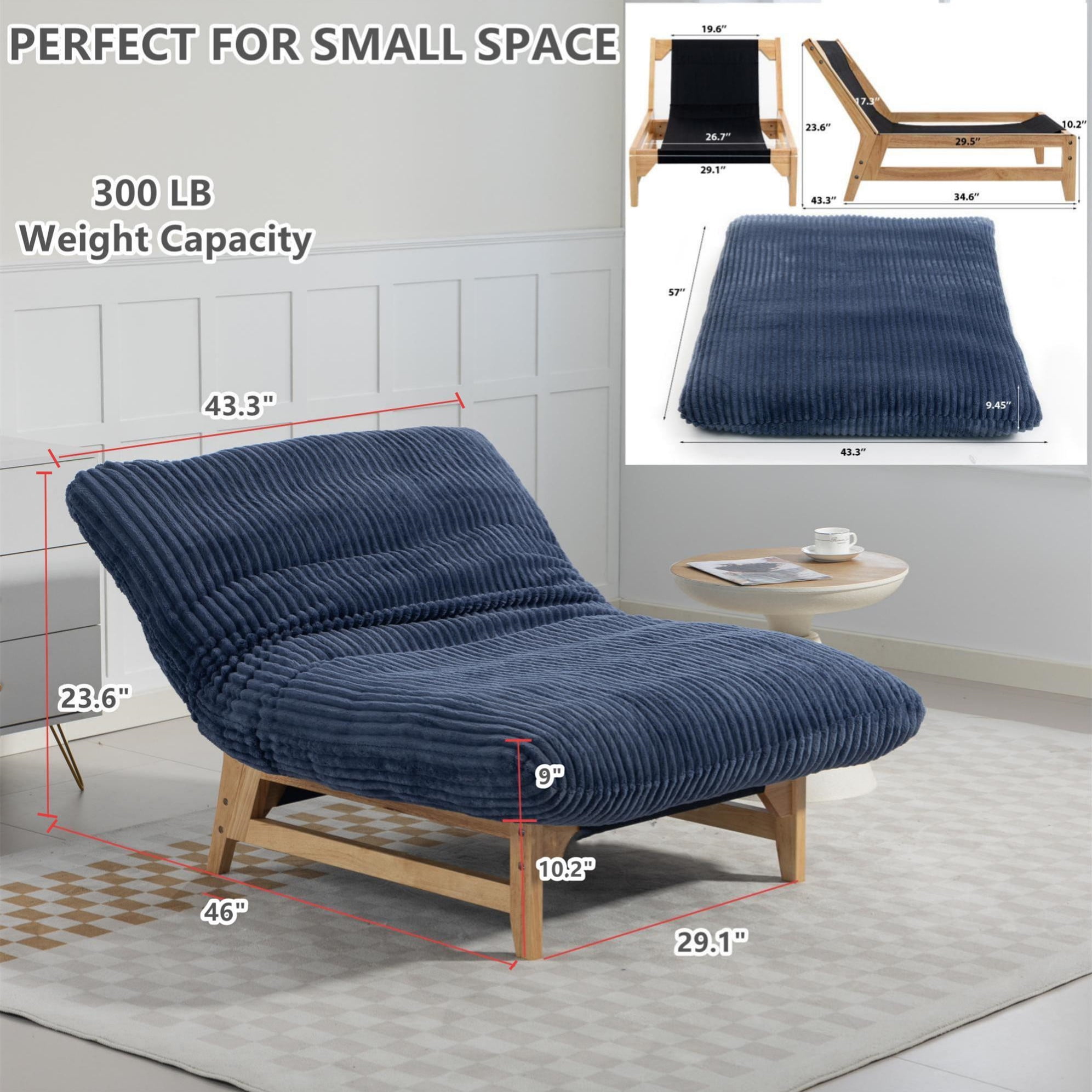 Aukfa Oversized Chaise Lounge Indoor Chair for Living Room Bedroom, Wood Frame, Corduroy, Blue