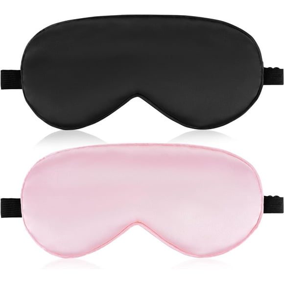 Silk Sleep Mask 2 Pack with 2 Storage Bags and 2 Pairs Ear Plugs for Sleeping, Soft Light Blocking Eye Mask for Travel, Airplane, Nap, Adjustable Straps Sleep Masks for Men Women (Black & Pink)