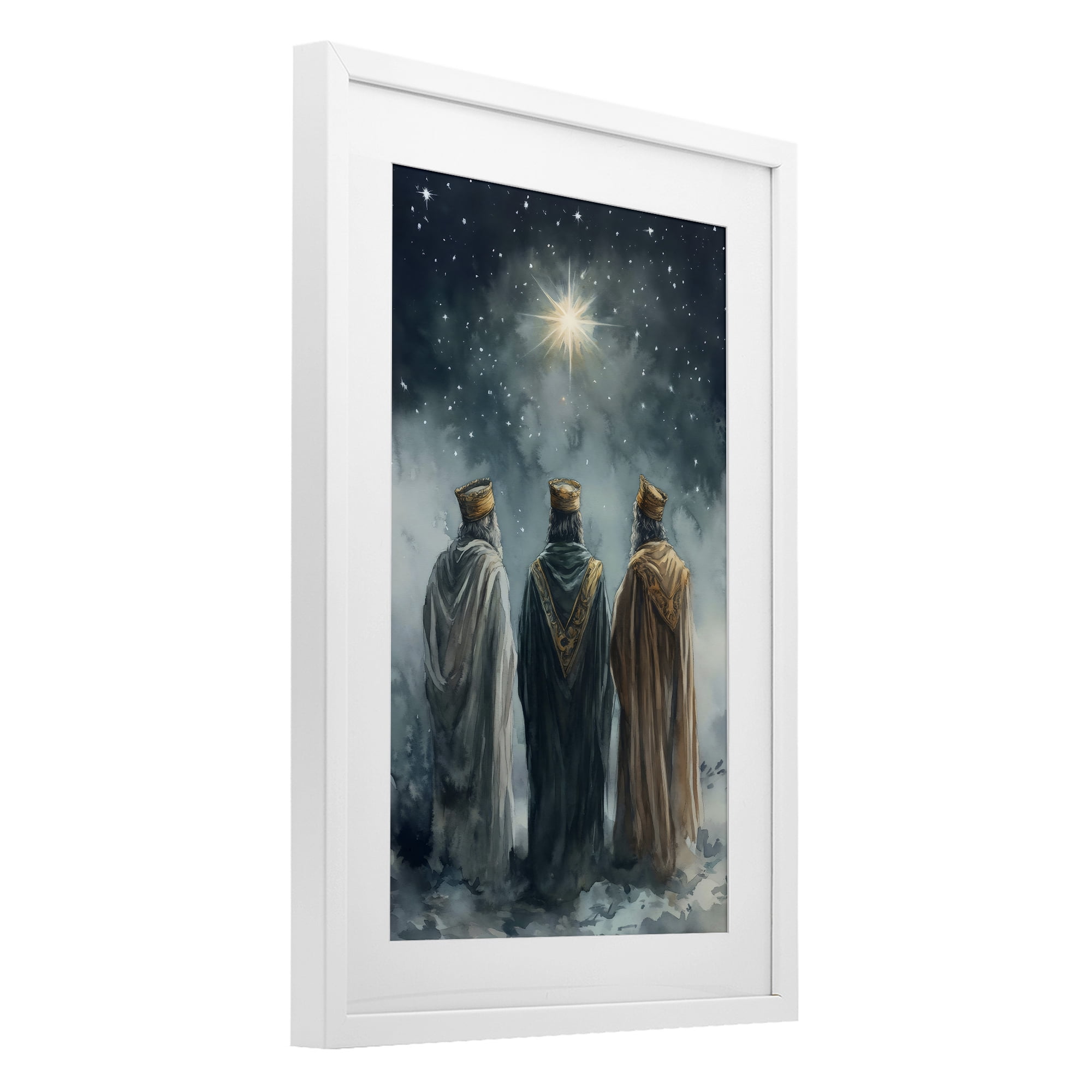 Three Wise Men & North Star White Framed Print Under Glass, design by Petal Prints Design