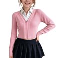 thumbnail image 2 of TGSLY Ribbed Knit Cropped Cardigan for Girls Soft V Neck Zip Up Long Sleeve Sweater Causal Solid Color Fall Winter Outerwear with Thumbholes 13-14 Years, 2 of 8