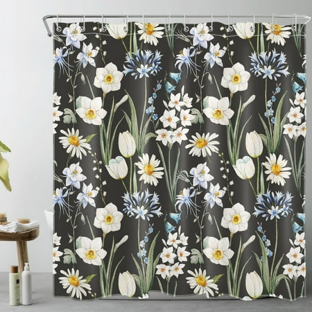 HVEST White Floral Shower Curtain for Bathroom Daisy Flower and Green Leaf Plant on Black Bathroom Shower Curtains with Hooks, Farmhouse Spring Nature Bathroom Curtains Shower Set 72x78 inch