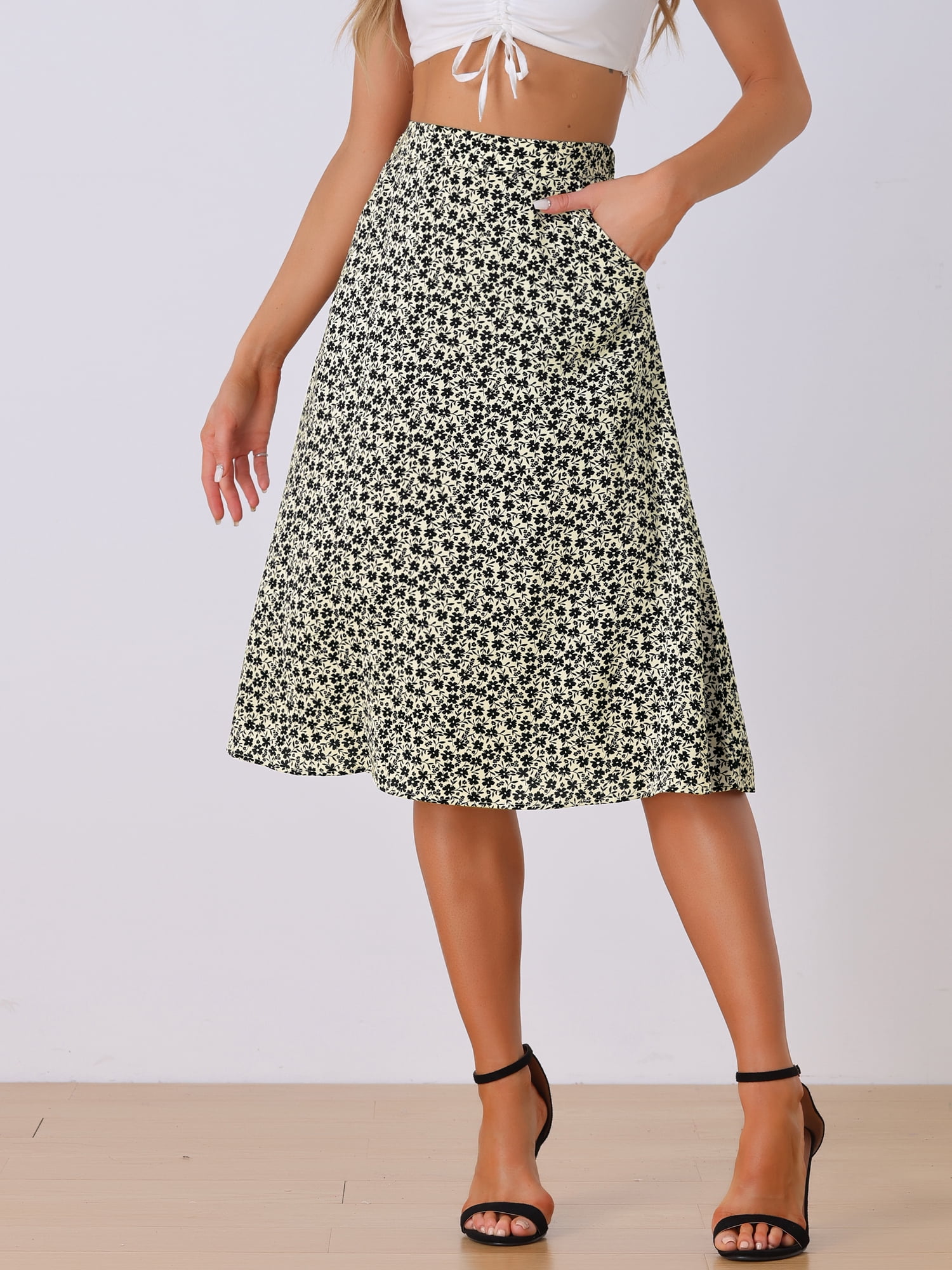DARING DIVA Women's Floral Print A-Line Midi Skirt Skirts XL Apricot Black