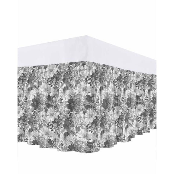 Black White Floral Bed Skirt Queen Size 18 Inch Drop, Spring Black White WildFlower Leaves Plant Adjustable Elastic Dust Ruffles Bedskirt for Queen Bed Wrap Around Pleated Mattress Frame Cover