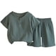 thumbnail image 2 of Conjuntos de blusas y camisas de cuello redondo y manga corta para niños, conjunto de dos piezas de prenda superior y pantalones cortos de manga corta de color liso para niñas, top de poliéster, 2 of 5