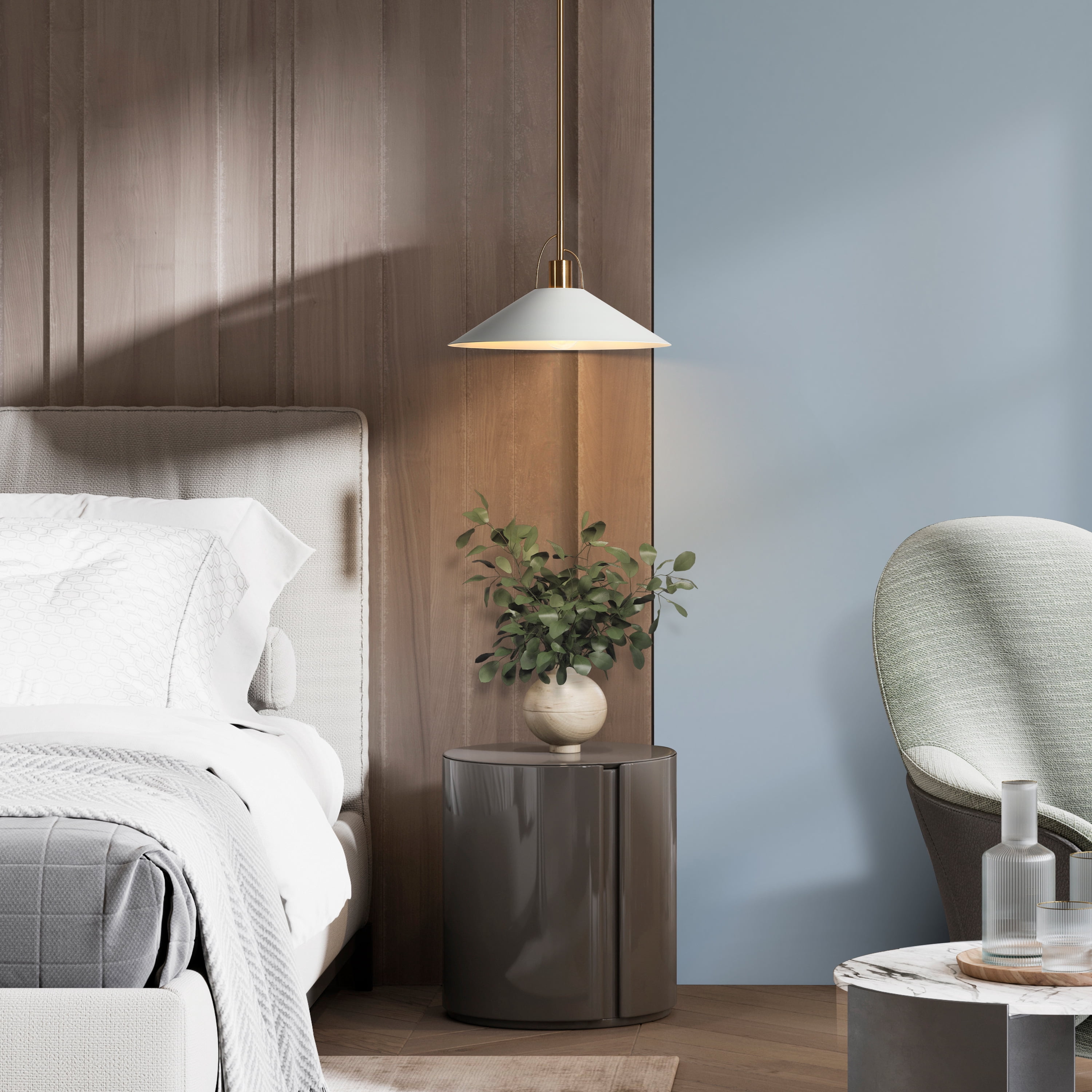 LNC Raratienner Polished Gold and Matte White Modern Cone LED Medium Hanging Pendant Light