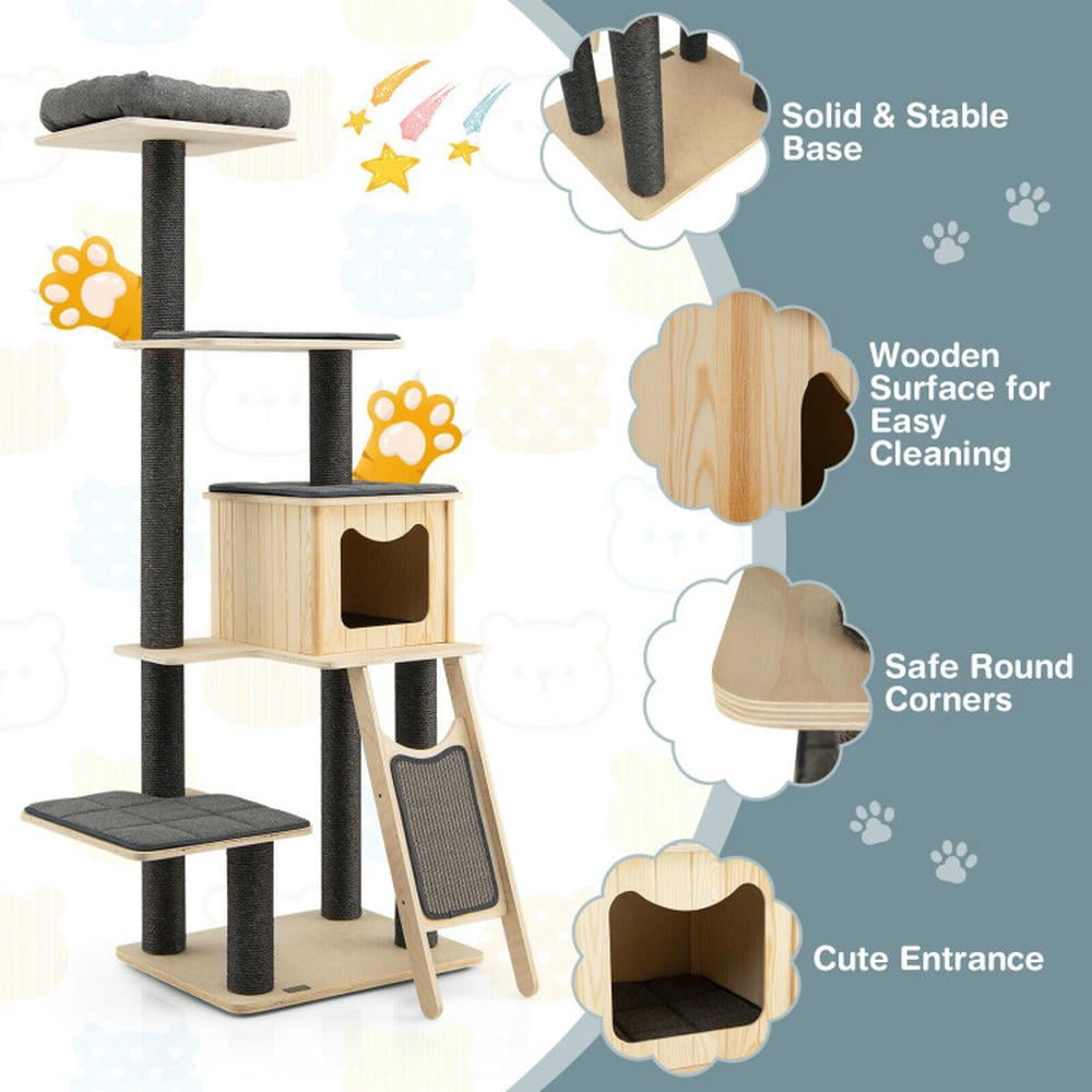 Spaco Cat Tree, 55-Tier Modern Wood Cat Tower with Washable Cushions-Gray, Cat House with Platform Bed, Large Cozy Condo