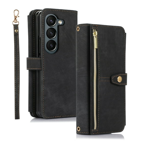 Allytech Wallet Case for Samsung Galaxy Z Fold6, Galaxy Z Fold6 Cover, Zipper Pocket Multiple Cards Holder Hand Wrist Strap Shockproof Phone Case for Galaxy Z Fod 6 - Black