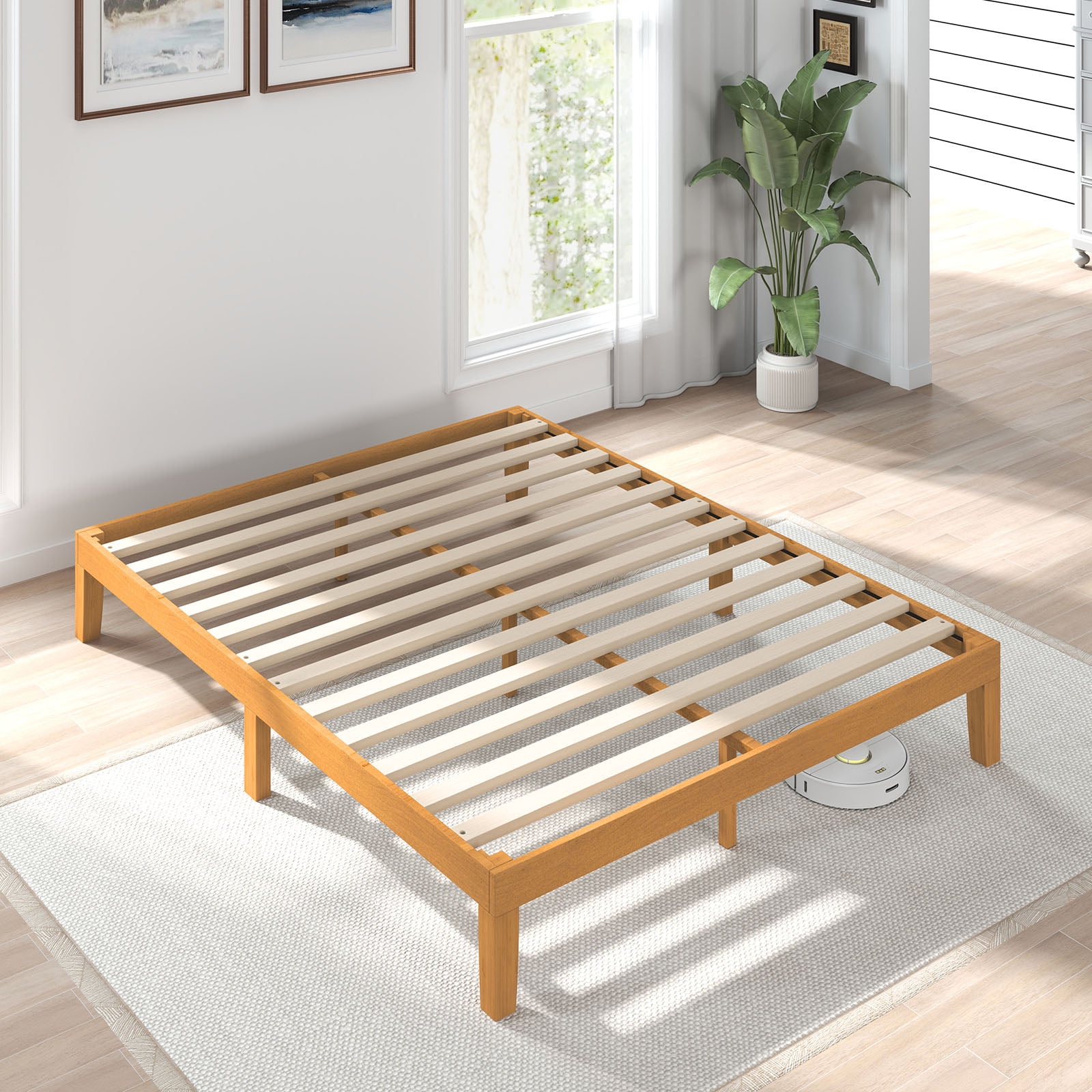 Solid Wood Bed Frame, Bed Base with Wood Slat Support, No Box Spring Needed，Full Size