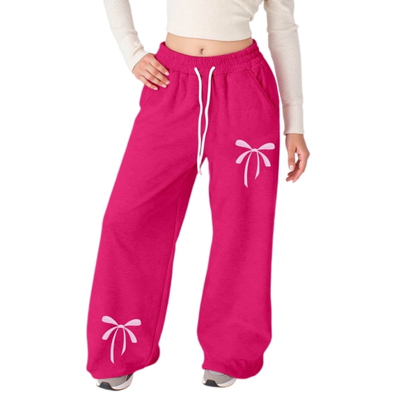 Krdevn Girls Casual Sweatpants with Bow Print, Baggy Fit Straight Leg Athletic Pants Lightweight with Drawstring and Pockets,13-14 Years