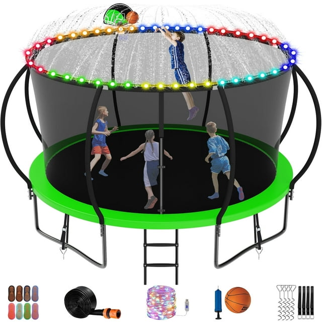 Jump Into Fun Trampoline 14FT, 1400LBS Trampoline for Kids and Adults with Enclosure, Basketball Hoop, Wind Stakes, LED light, Sprinkler and Socks, Outdoor Galvanized Full Spray Round Trampoline