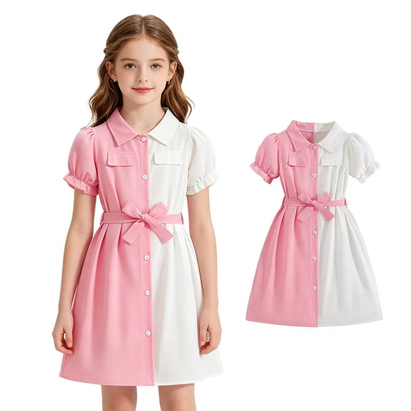 Summer Dress Girls Puff Sleeve Button Down Girls Casual Dresses A-Line Party Dress with Bow Girls Size 7-8 Years Dresses