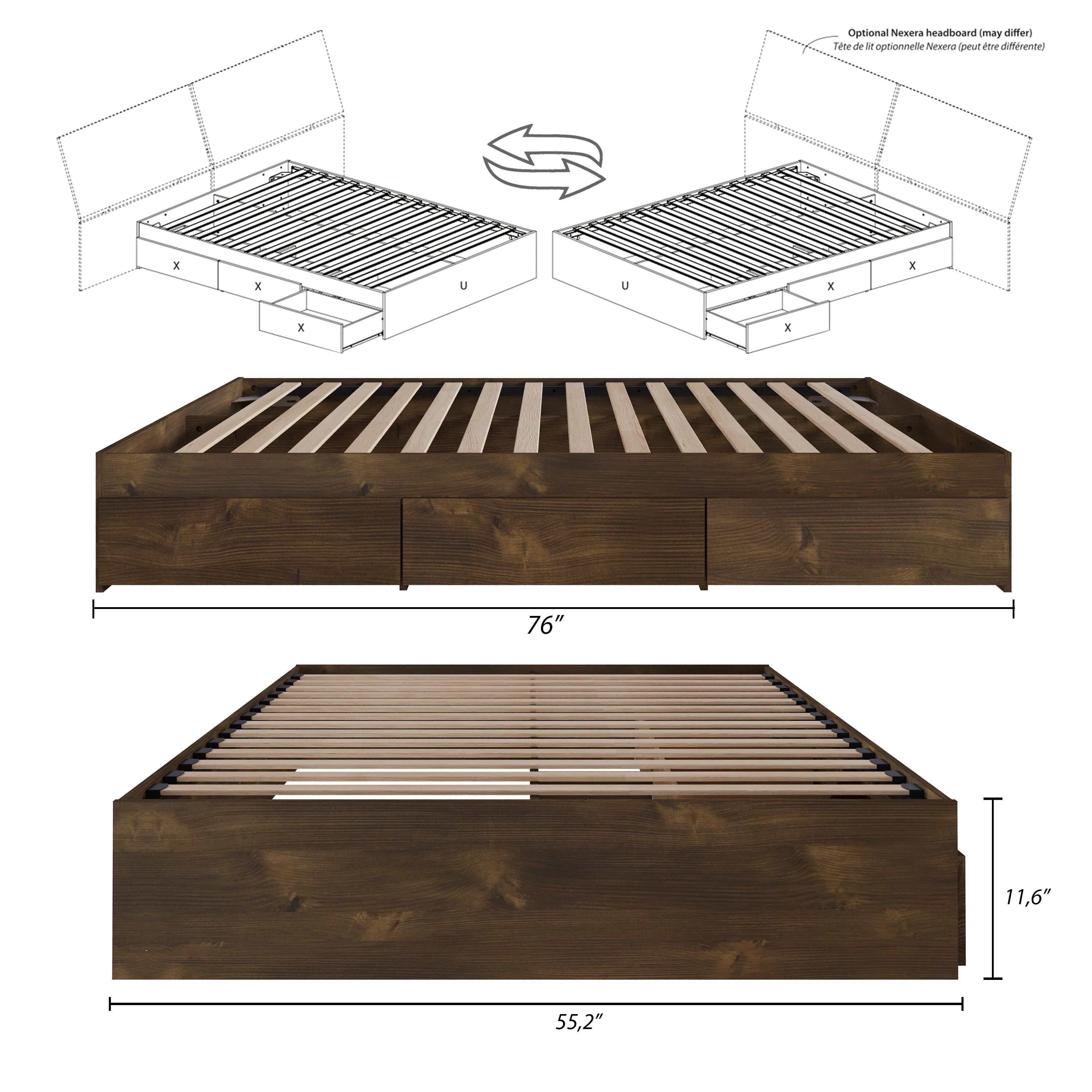 Nexera Full Size Storage Wood Bed Frame with 3 Drawers, Truffle