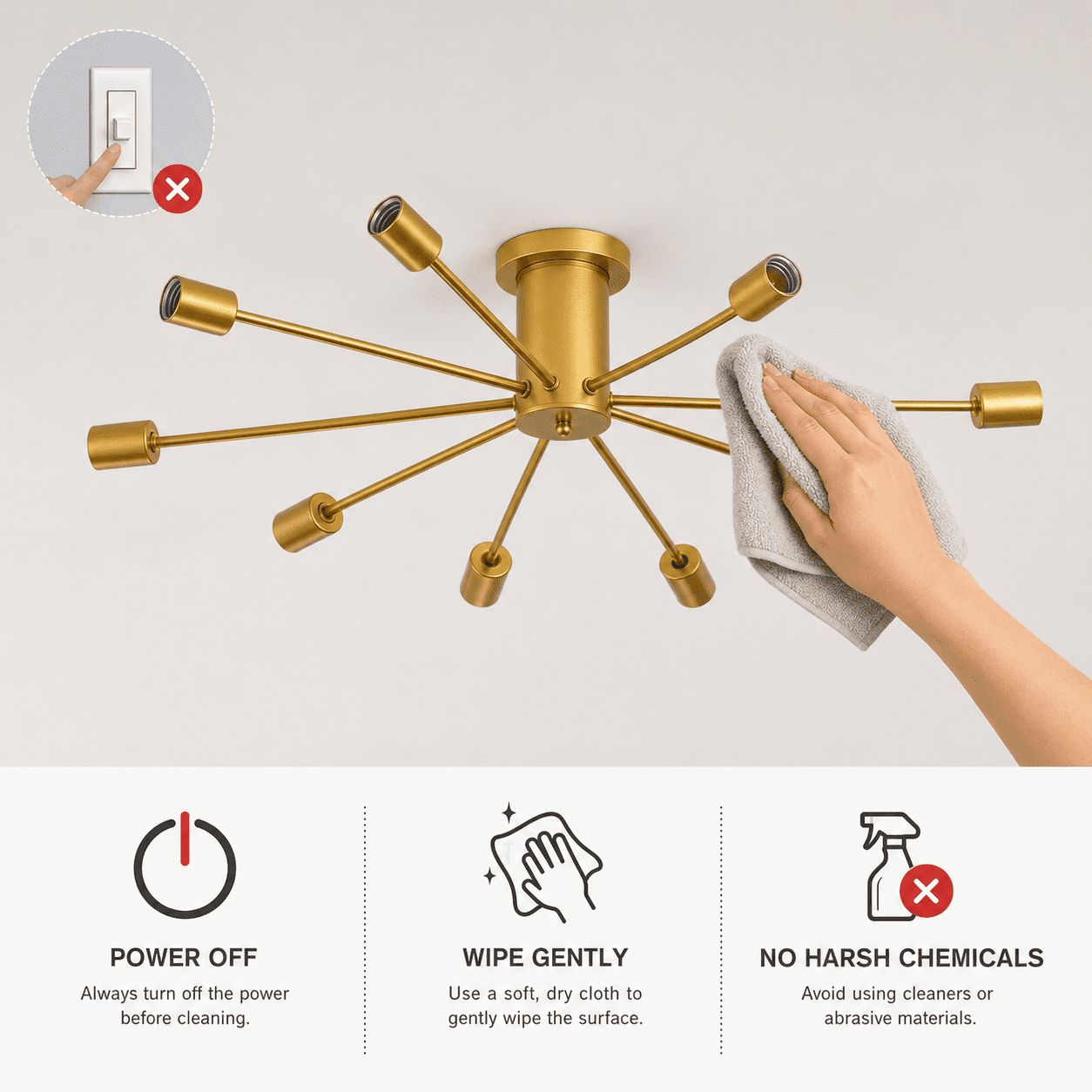 Garwarm 10-Light Gold Sputnik Chandelier, Modern Semi Flush Mount Ceiling Light, Industrial Ceiling Lighting Fixture for Dining Room, Living Room, Bedroom, Kitchen, Foyer