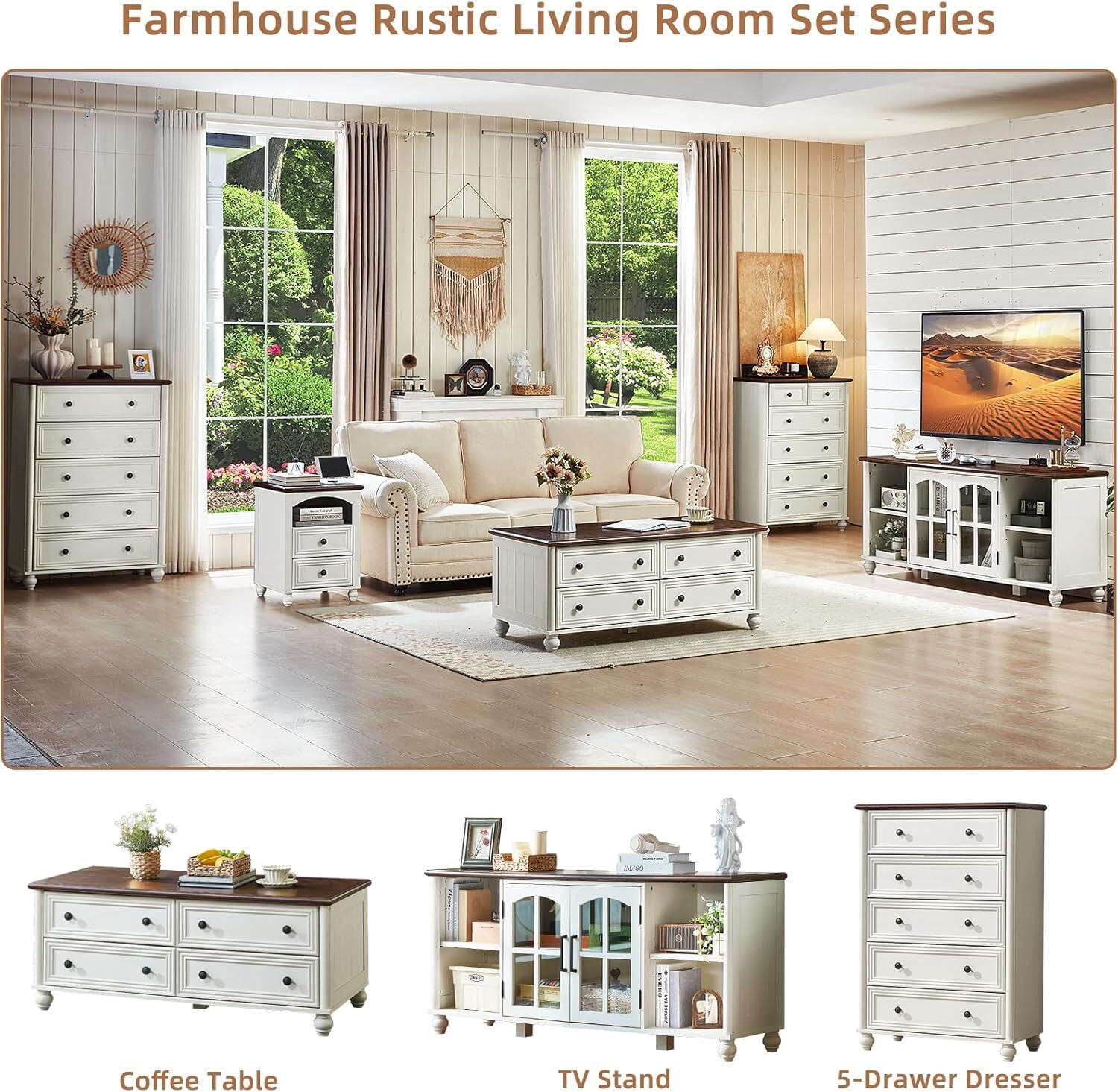 Leyaoyao Farmhouse Coffee Table with Drawers, Rectangular Rustic Center Table with Hidden Storage for Living Room, Office, White