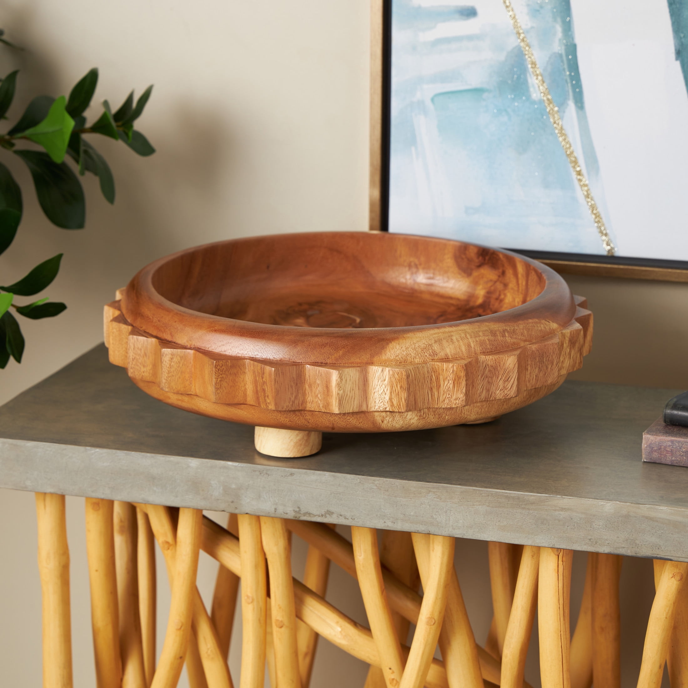 DecMode 18" Handmade Round Gear Brown Wood Decorative Bowl with Peg Leg