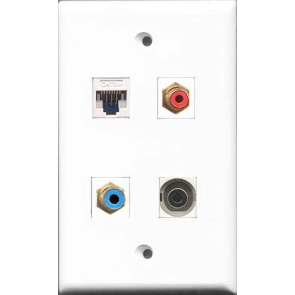 RiteAV 1 Port RCA Red and 1 Port RCA Blue and 1 Port 3.5mm and 1 Port Cat5e Ethernet White Wall Plate