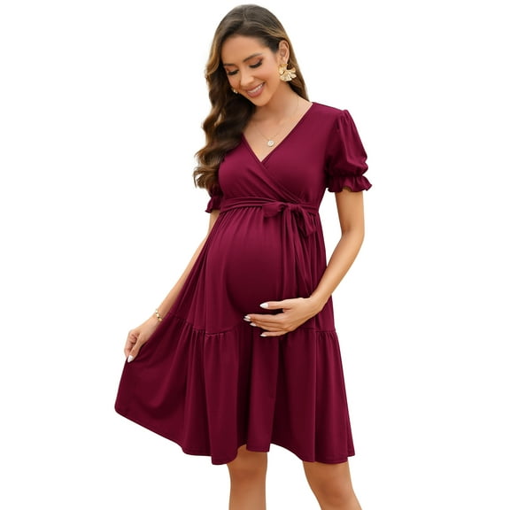 Yesfashion Wholesale Women's V Neck Short Sleeves Pregnancy Casual Tie High Waist a Line Solid Color Midi Dress