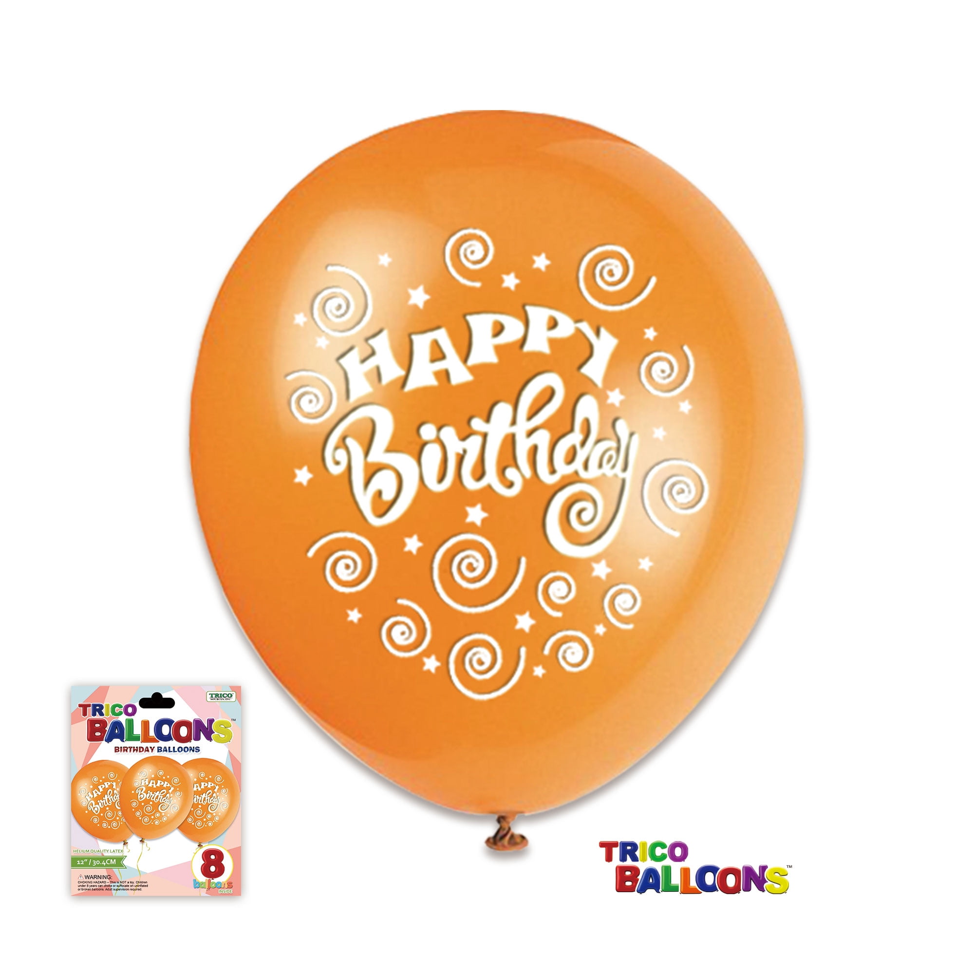 12" "Happy Birthday" Latex Helium Balloons 8 Count Package Orange
