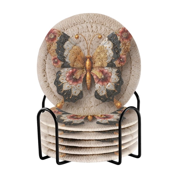 6 Pcs Drink Coasters with Holder 3.94in Woven Coasters for Drinks Gorgeous Colors Butterfly Coaster Set for Protection Table