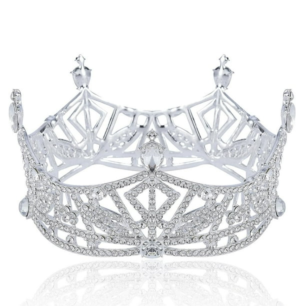 Corona de Miss América con cristales austriacos transparentes y brillantes, tiara para el cabello, corona redonda para desfile, estilo reina de belleza y princesa, T1299 (tono plateado)